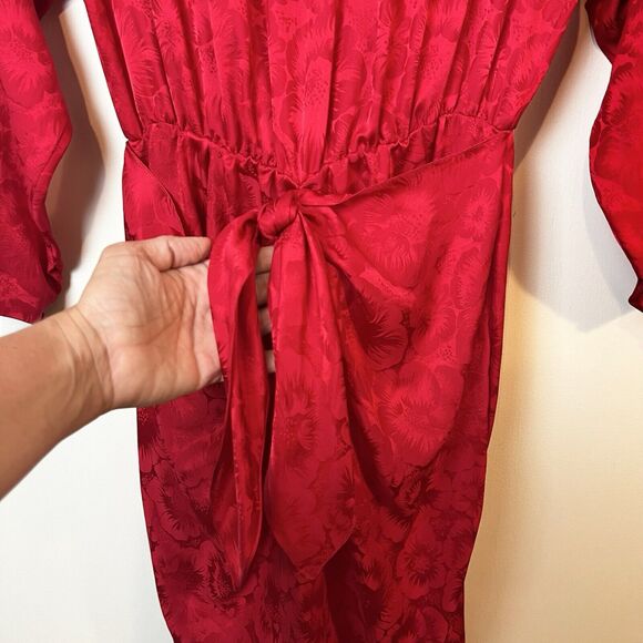 Vintage Maggy London Red Silk Floral Dress 90s Tie Front Sz 10 - Picture 5 of 11